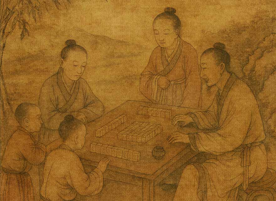 Ancient Chinese painting showing a family playing mahjong