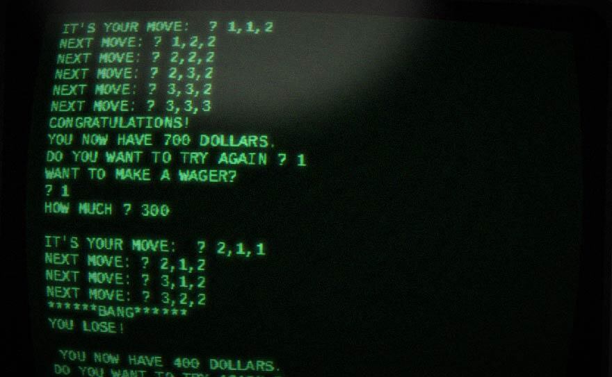 1973 text game Cube, the earliest ancestor of Minesweeper, shown on an old terminal screen