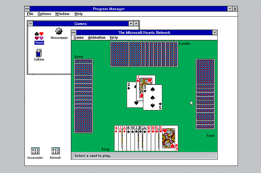 Microsoft Hearts on Windows for Workgroups 3.1 showing early multiplayer gameplay