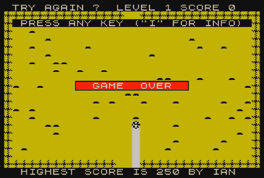 Mined-Out (1983) on the ZX Spectrum: a yellow minefield with a Game Over box
