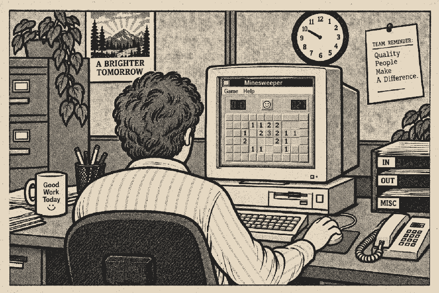 Cartoon of an office worker playing Minesweeper on a beige 1990s PC