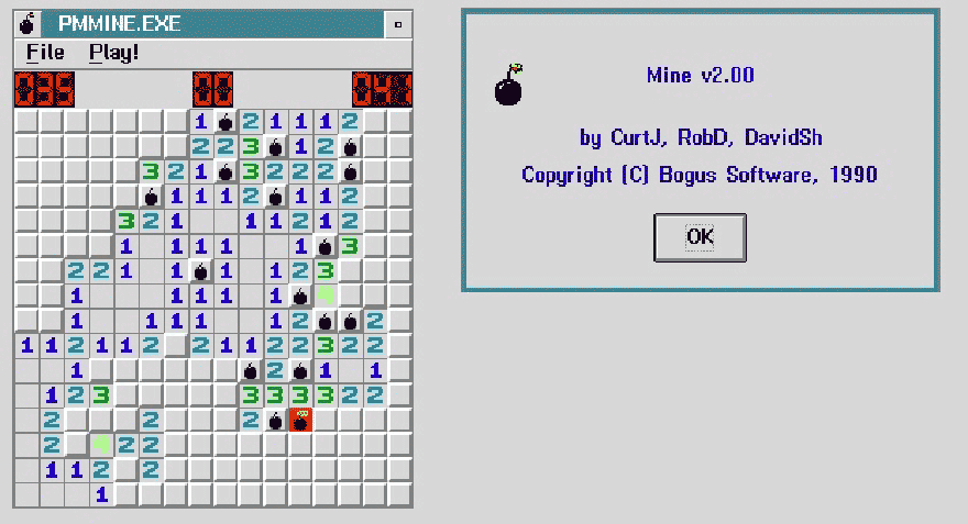 PM Mine 2.0 for OS/2 (1990): a Minesweeper grid with numbers and mines next to its About box
