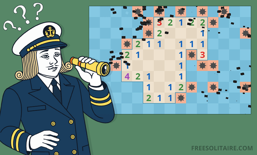 Sailor Jack mascot with a telescope and question marks next to a Minesweeper board