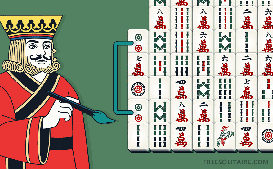 Mahjong Connect King mascot highlighting a valid tile match on the game board