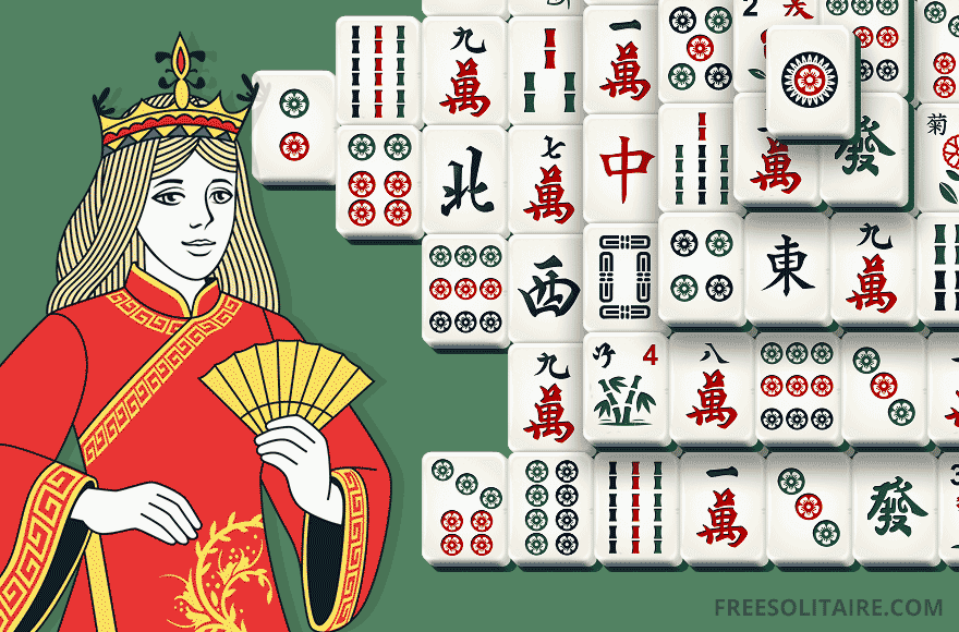Mahjong queen mascot holding a fan beside a Mahjong Solitaire board