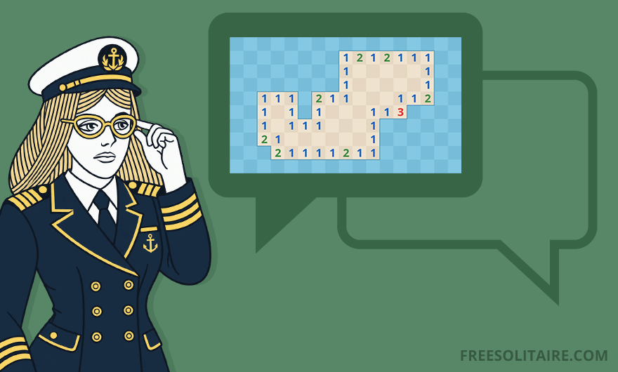 Captain Queen mascot with a Minesweeper grid in a speech bubble