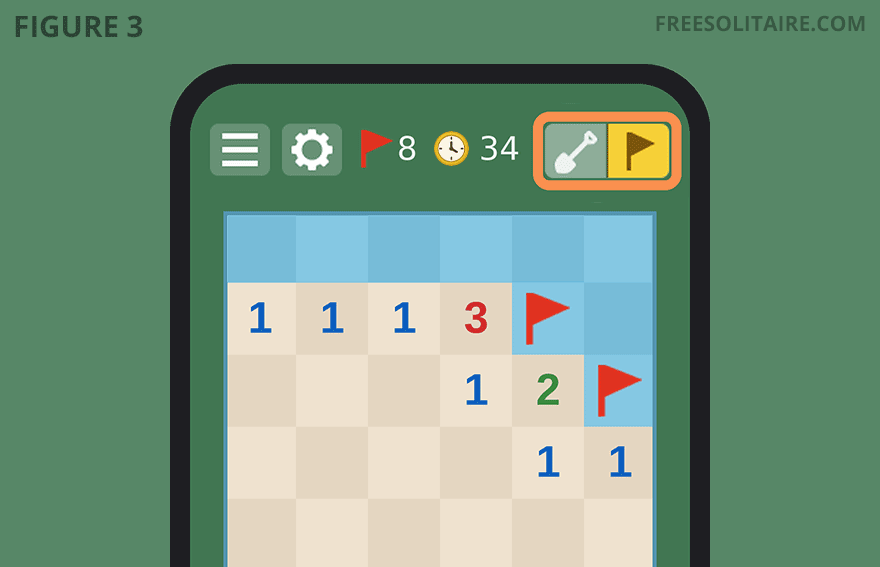 Minesweeper on a phone with flag mode switched on in the top right corner