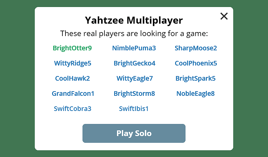 Multiplayer Yahtzee lobby with online players