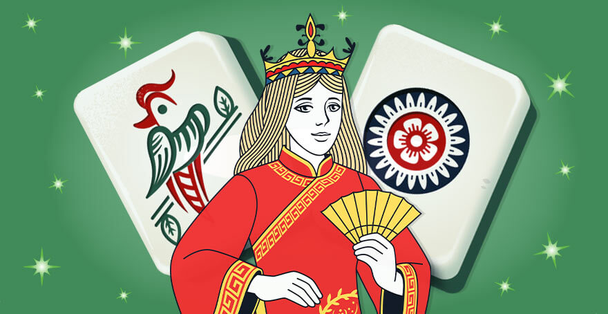 Mahjong Queen mascot flanked by two large Mahjong tiles
