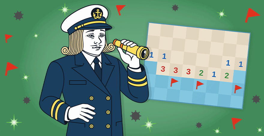 Sailor Jack mascot looking through a telescope at a Minesweeper board