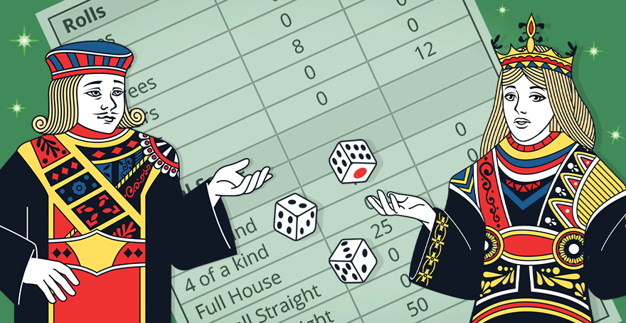 Jack and Queen card mascots rolling dice in front of a Yahtzee scorecard